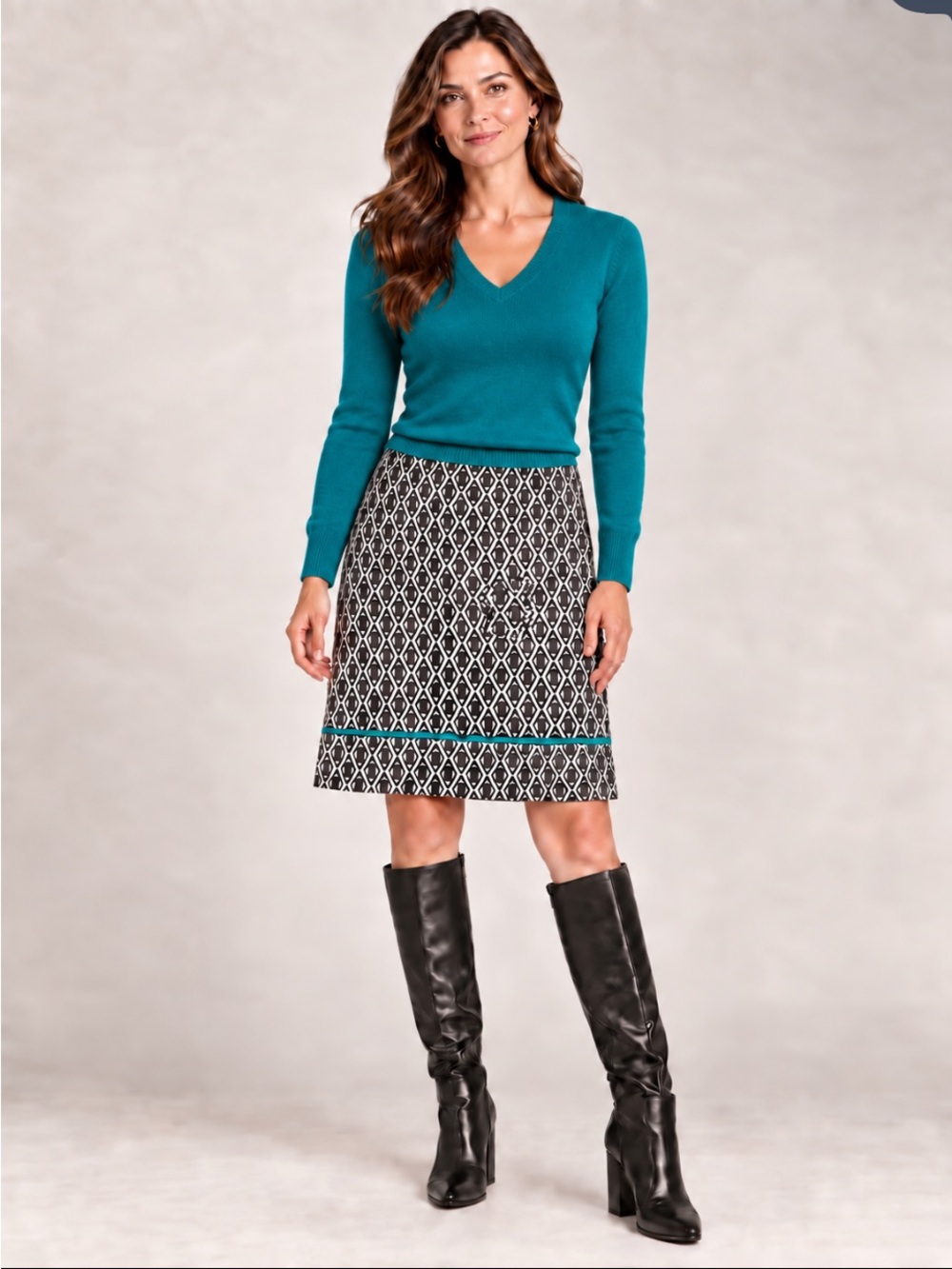 Ann Taylor Black and White A-Line Pencil Skirt with Teal Trim Size 6